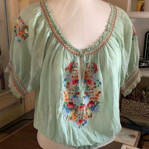 Joie Embroidered short sleeved green blouse with flowers detailing